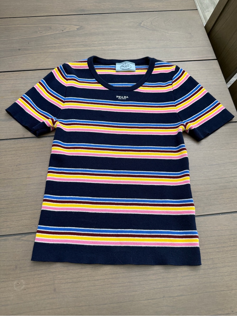 Navy Pink Yellow Striped Knit Logo Short Sleeve Tee Medium 38